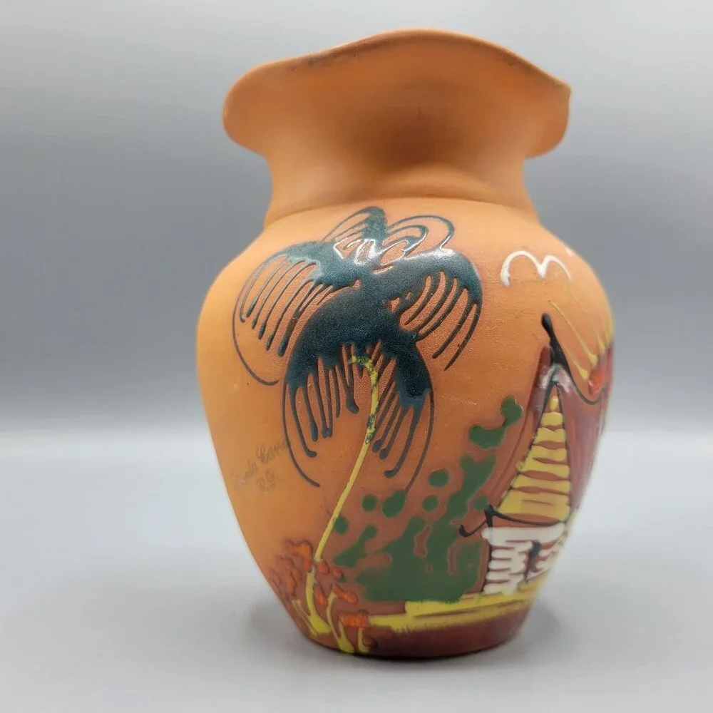 Vintage Hand Painted Terracotta Vase Scenic Design Flared Rim Signed Punta Cana - Picture 4 of 13